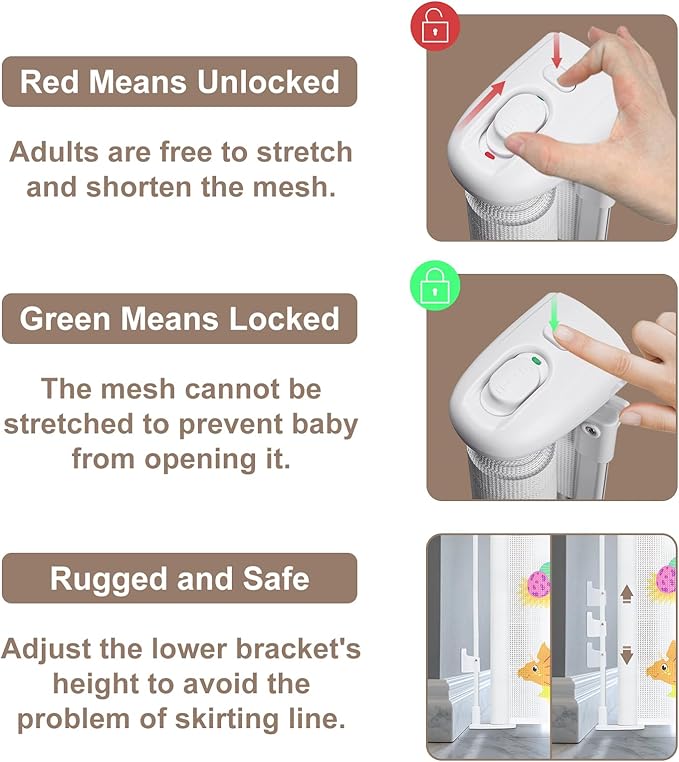 Retractable Baby Gate for Doorways and Stairs, Mesh Safety Gate for Pet, Indoor & Outdoor Use, One-Hand Operation, Easy Installation, 34" Tall, Expands to 55" Wide (Dinosaurs, 34"x55")