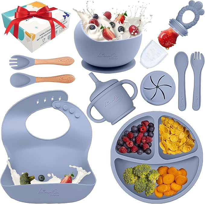 Silicone Baby Feeding Set – 10 Pcs Baby Led Weaning Supplies & Self Feeding Kit | BPA-Free Toddler Plates and Bowls Set, Bib, Fruit Feeder, Cup, Spoons & Forks – Empower Independence with LimeOr -Gray