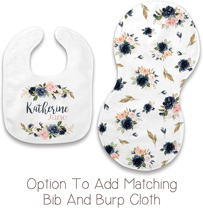 Girls Love A Monogram - Personalzied Custom Navy and Blush Floral Baby Blankets for Girls with Name Shower Gift (Navy & Blush, 30 X 40 Baby)