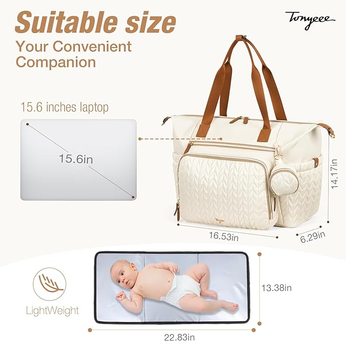 Diaper Bag Tote, Large Baby Diaper Bags Waterproof, Hospital Bag for Labor Delivery with Pacifier Case, Changing Pad, Shoulder Strap, Beige
