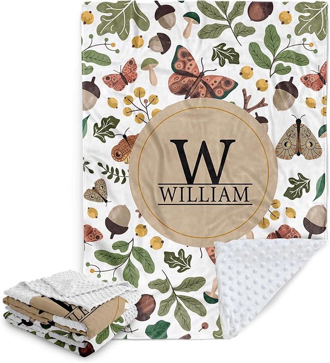 Personalized Baby Blanket, Customized Newborn Blankets with Name, Soft Receiving Blanket for Boy Girl, Green Mushroom Double Layer Dotted Swaddle, Nursery Toddler (47"x60")