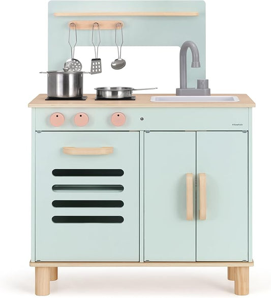 Wooden Play Kitchen Set, Mint Green Stove & Sink with 5 Stainless Steel Tools, Click Knobs, Storage Cabinets, Montessori Toy for Toddlers 3+