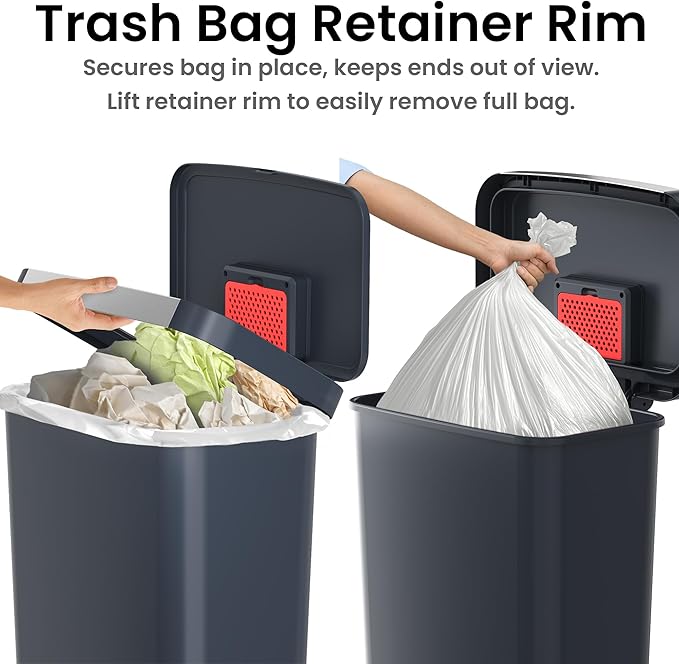 iTouchless SoftStep 13.2 Gal / 50L Step Pedal Kitchen Trash Can with Odor Filter, Stainless Steel Trim Dent-Proof Durable Construction, Garbage Bin with Lid for Home Office, Bedroom, Black Plastic