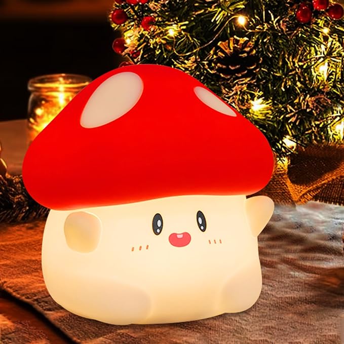Mushroom Night Light, Cute Hug Mushroom Decor Lamp, Led Squishy Soft Silicone Night Lamp, Dimmable Rechargeable Portable Touch Nightlight for Kids Sleep, Nursery Room Cute Christmas Gifts