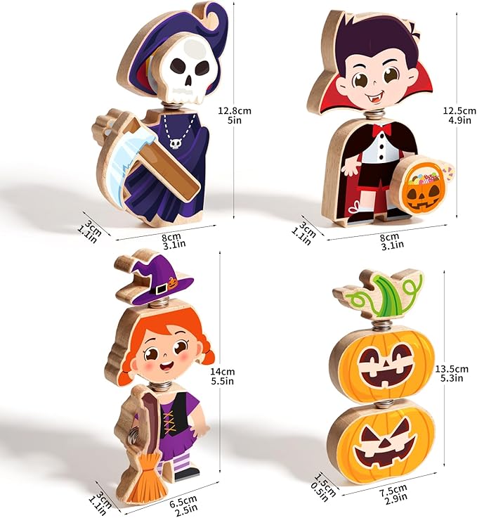 HUZU Halloween Snap Together Dress Up Building Blocks Toys, Witch Vampire Skeleton Pumpkin Take Apart Characters, 3 4 5 6 7 8 Years Old Kids Wooden Puzzle, STEM Fine Motor Skill Halloween Party Gift