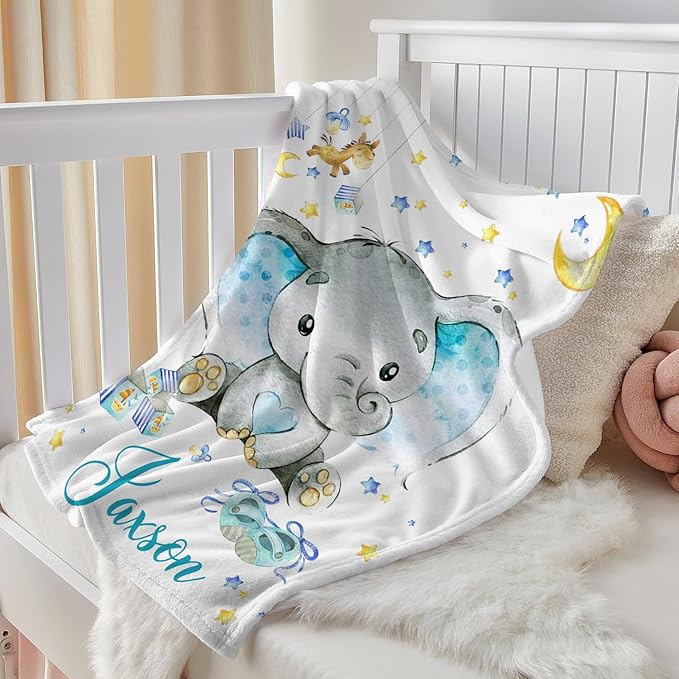 J&SBGFT Custom Baby Blanket with Name, Elephant Receiving Blanket for Toddlers Kids Nursery Stroller Crib Cuddles