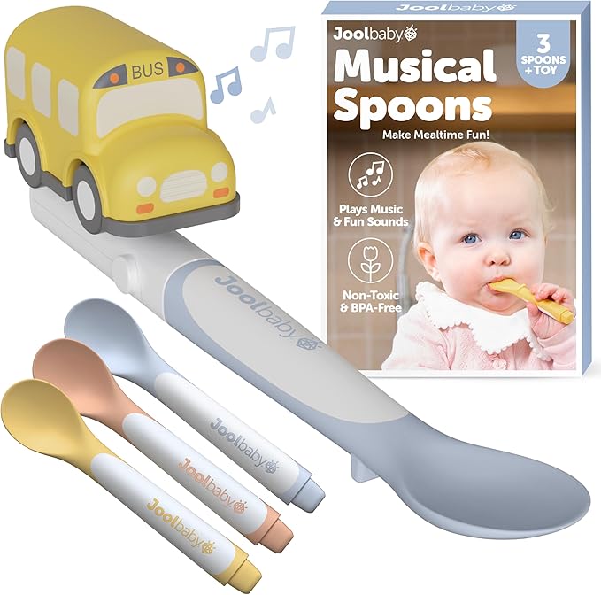 Jool Baby Musical Baby Spoons, 3 Spoons + School Bus with Fun Sounds - Multi-Stage Spoon for Infant Feeding & Training Babies 6+ Months to Self-Feed