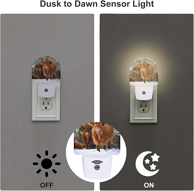 Highland Cow Night Light for Kids, Winter Wild Animals Night Light Plug in with Dusk to Dawn Sensor, 0.5w Energy Saving Sleep Friendly Nightlight for Hallway Stairway Kitchen Bedroom