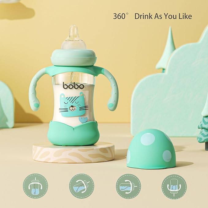 YOHKOH Natural Glass Baby Bottle with Natural Response Nipple, Wide Neck Baby Bottles with Handle, Newborn Anti-Colic Baby Bottles Gift Set, Clear (5.4oz (Pack of 4), Blue)