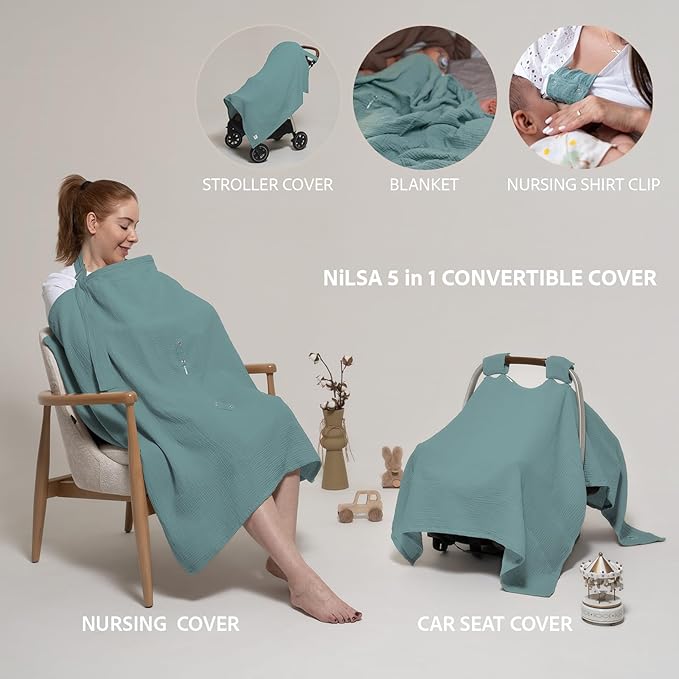 Nilsa 5-in-1 Muslin Nursing Cover up for Breastfeeding & Baby Car Seat Cover - Breathable Breastfeeding Cover With Rigid Hoop - 100% Cotton Privacy Apron Breast Feeding Covers For Women (Mint green)