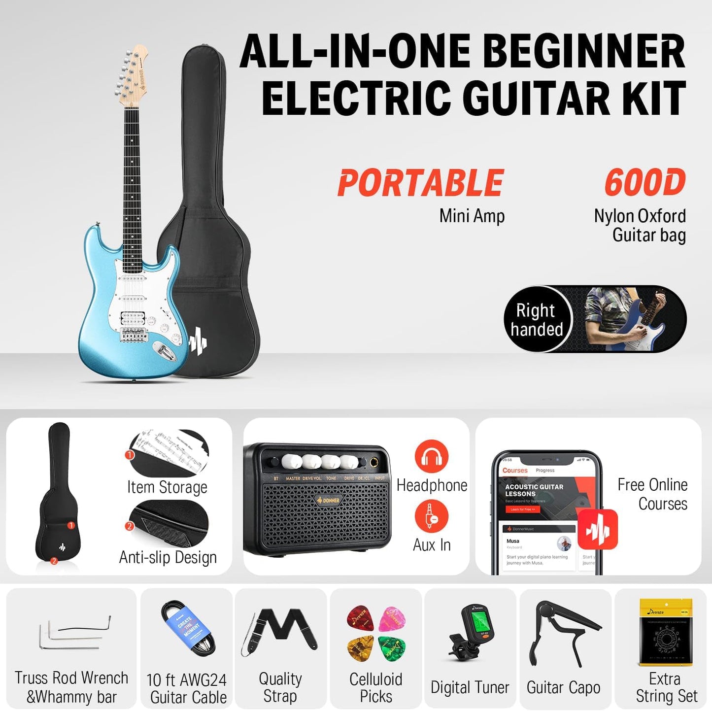 Donner DST-100T 39 Inch Electric Guitar Beginner Kit Solid Body Full Size Lake Blue HSS Pick Up for Starter, with Amplifier, Bag, Digital Tuner, Capo, Strap, String,Cable, Picks