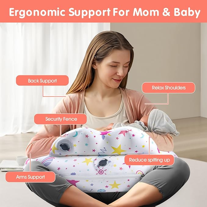 Inflatable Travel Nursing Pillow with Extra Replacement Cover–Portable Breastfeeding & Bottle-Feeding Pillow for Mom & Baby Support, 2 Removable 100% Cotton Covers–Newborn Essentials