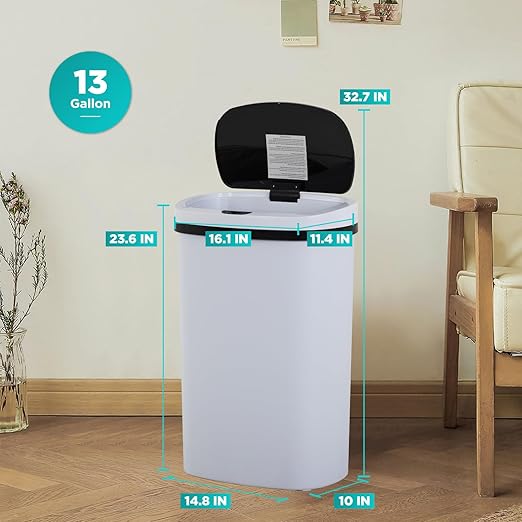 BestOffice | 13 Gallon Plastic Trash Can with Lid | White | Automatic Touchless Garbage Can | Odor Control | Modern Oval Design | Easy to Clean | Fits Any Kitchen, Bathroom, Office or Home