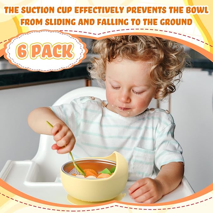 Nuogo 6 Pcs Stainless Steel Baby Bowls with Removable Silicone Shell 304 Toddler Bowls Kids Anti Scald Snack Container for Food Feeding, Dishwasher Safe(Fresh Color,Suction-b)