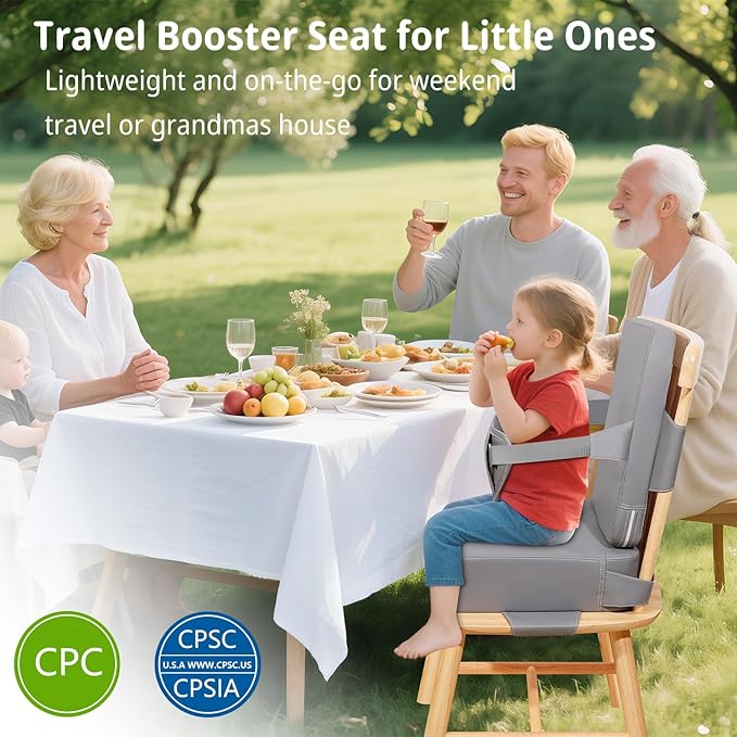 Toddler Booster Seat for Kitchen Chair, 2-in-1 Dining Table Booster Seat with Backrest & Adjustable Straps – Easy-Clean, PU Portable Toddler Eating Travel Increasing Cushion-Light Grey
