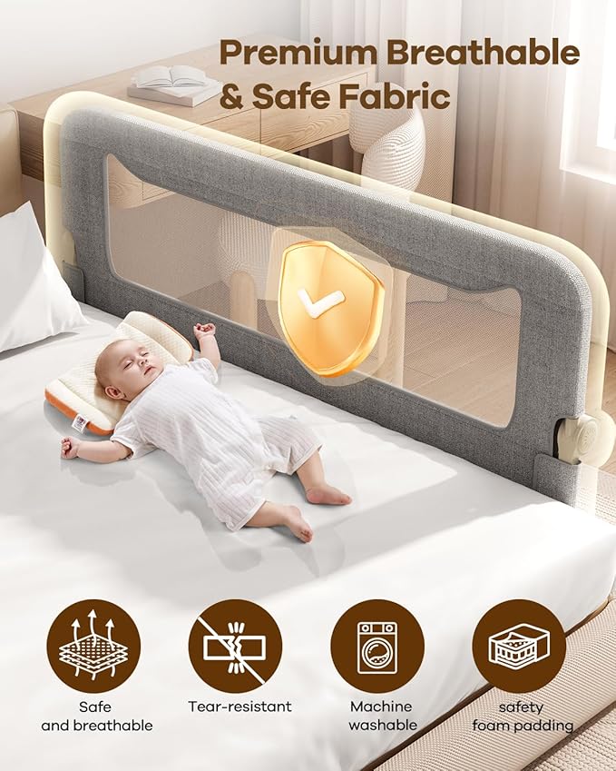 Foldable Bed Rail for Toddlers, 59in Reinforced Carbon Steel Frame&Connectors, Breathable Cationic Fabric, Safety Toddler Bed Rails for Queen, King, Twin, Full, No-Tool Setup.
