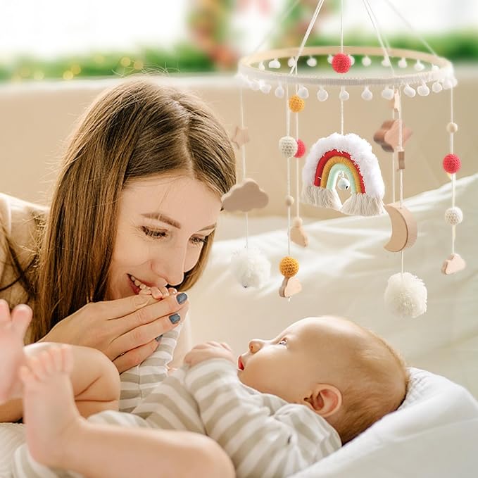 Baby Crib Mobile for Boys Girls Rainbow Nursery Mobile Gender Neutral Hand-Crocheted Mobile Ceiling Mobile - Rainbow, Clouds, Moon