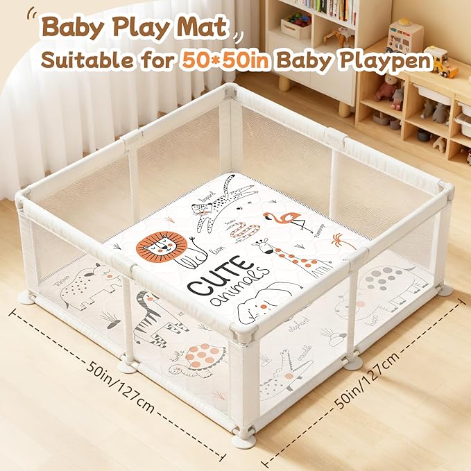 Baby Play Mat for Floor,Soft 50x50 Playpen Mat,Thick Foam Cushioned Playmat for Tummy Time,Safe Non-Slip Backing for Crawling for Kids Toddlers Infants,Line Animals