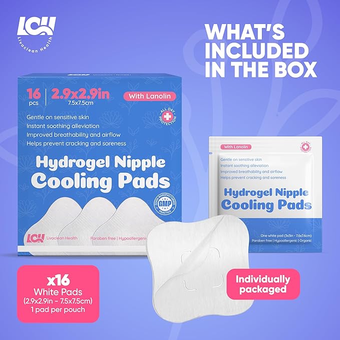 16CT Hydrogel Nipple Pads for Breastfeeding with Lanolin - Cooling Sore Nipple Gel Soothing Pads - Breast Feeding Essentials for Moms by Livaclean Health