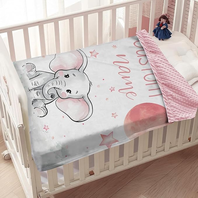 Personalized Baby Blanket, Customized Newborn Blankets with Name, Soft Receiving Blanket for Girl Boy, Pink Elephant Double Layer Dotted Swaddle, Nursery Toddler (30"x40")
