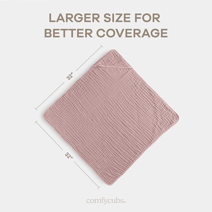 Comfy Cubs Hooded Baby Towel 2-Pack, Large 32 x 32 Inch - 6 Layer 100% Muslin Cotton for Babies, Toddlers and Kids - Soft & Absorbent Baby Bath Towels - Unisex Design for Bath Time - Mauve