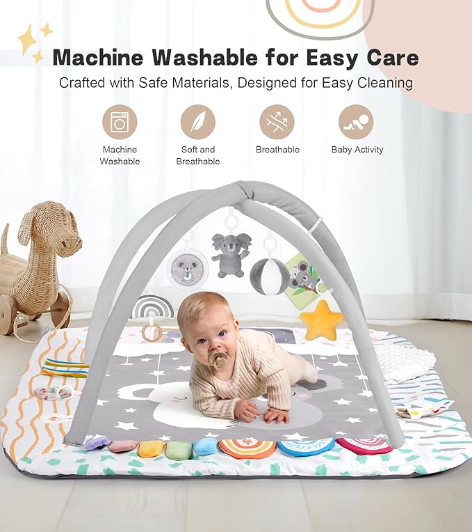 Baby Play Mat Activity Gym with Tummy Time Pillow, 6 Developmental Zones Tummy Time Mat, 6 Detachable Sensory Toys and Educational Cards, Essential Baby Shower Set, Grey Koala