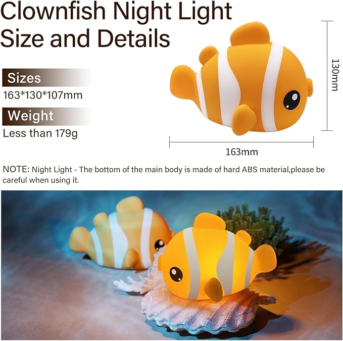 Cute Clownfish Night Light - Silicone Pat Pat Lamp with 3-Level Brightness Adjustment, Timer Function, Rechargeable Touch Control Nursery Nightlight for Baby Bedroom Decor