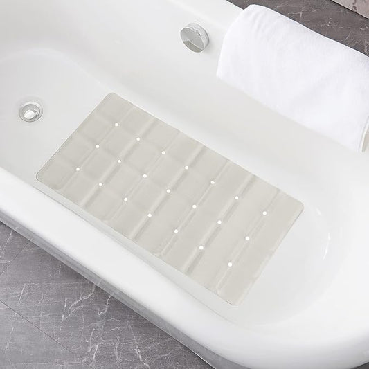 Foldable Non Slip Silicon Bath Mat Bathtub mat no Suction Cups for Textured Tub and Reglazed Tub(Foldable-Beige, 28-inch x 14-inch)