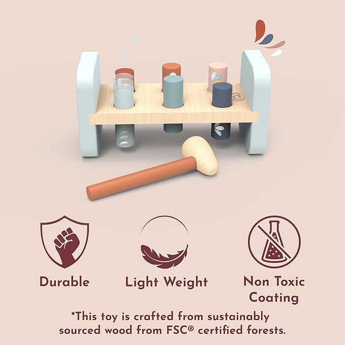 Speedy Monkey Tap Tap Hammer Bench – Colorful Wooden Toy for Kids 1-3 Year Up, Develops Hand-Eye Coordination, Hammer Pegs Through Holes, Reversible Fun, Non-Toxic Paint , Engaging Educational Toy