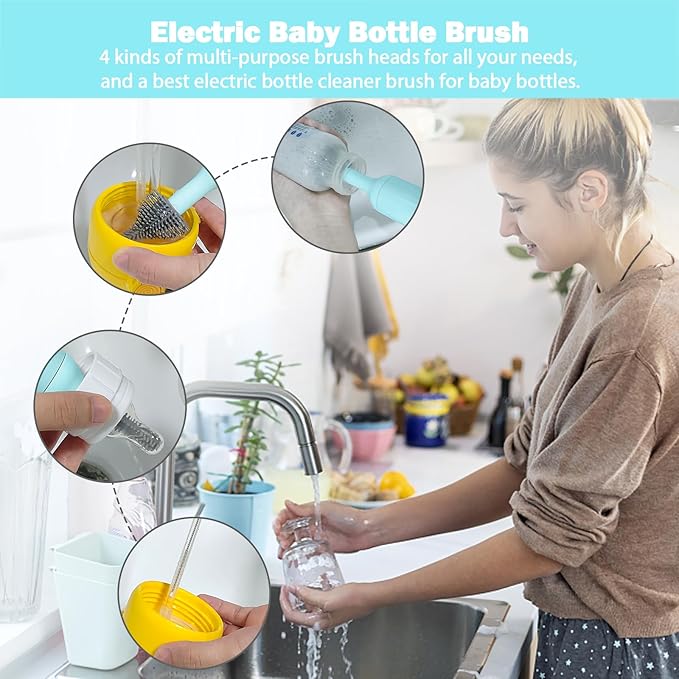 Electric Baby Bottle Brush Set with Rechargeable Electric Bottle Brush Cleaner and Replaceable Silicone Bottle Brushes and Straw Brush Cleaner, Waterproof Multi-Purpose Cleaning Brush(Blue)