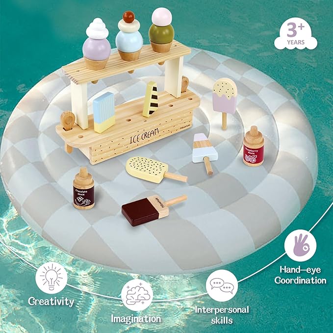 Wooden Ice Cream Play Set for Kids – 24 PCS Pretend Ice Cream Toy Counter with Cones, Popsicles, Toppings, Sauces & Spoons – Wooden Play Food Toys, Role Kitchen Accessories for Toddlers 3-5