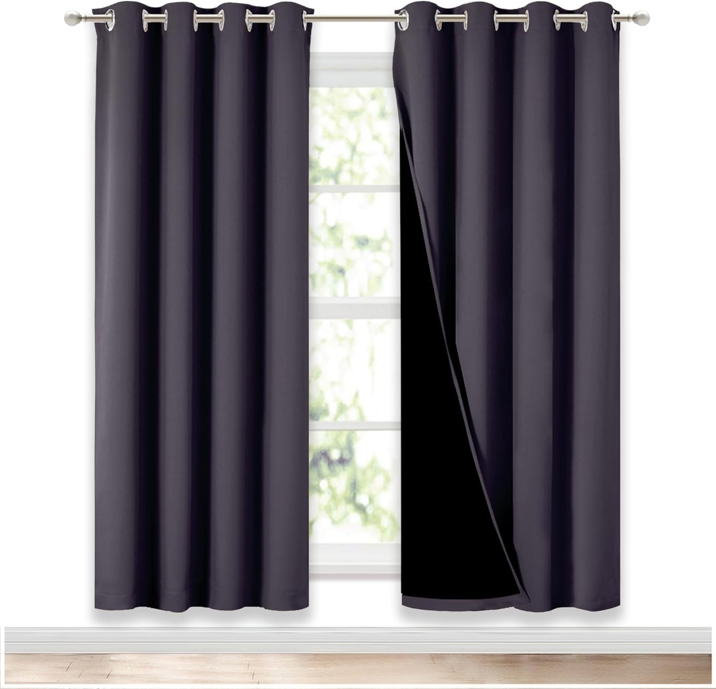 NICETOWN 100% Blackout Window Curtain Panels, Greyish Purple, 2 Pieces, 52" Wide Per Panel, Full Light Blocking Drapes with Black Liner for Nursery, 72" Drop Thermal Insulated Draperies
