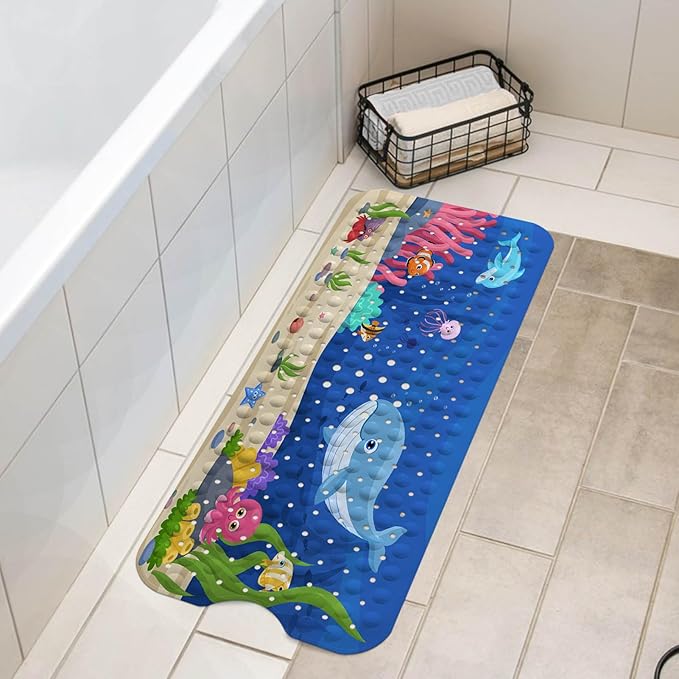 LNOND Bath Mat for Tub for Kids, Ocean Whale Bathtub Mat, Kids Bath Mats for Bathroom Non Slip with Drain Holes and Suction Cups,Machine Washable (40 X 16 Inch)