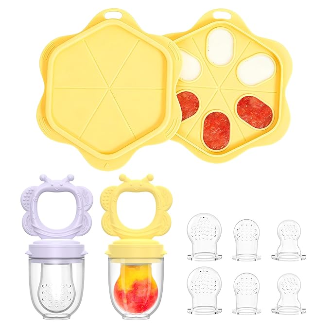Silicone Baby Fruit Food Feeder (2 Pack) with Freezer Nibble Tray, Breastmilk Popsicle Molds for Baby Teething Relief, Feeder for Safe Infant Self Feeding, BPA Free, Dishwasher Safe (Yellow)