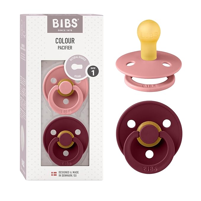 BIBS Pacifiers Colour Collection | Natural Rubber Baby Pacifier | Set of 2 BPA-Free Soothers | Made in Denmark | 0+ Months (Pack of 2) | Dusty Pink/Elderberry