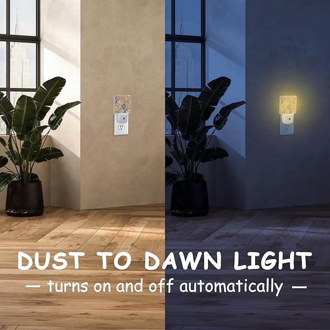 Vintage Bohemian Floral Patchwork Night Light Plug into Wall with Dusk to Dawn Sensor Energy Efficient LED Nightlight for Women Girls Boys Room Decor,Hallway,Kitchen,Bathroom,Nursery,Stairs