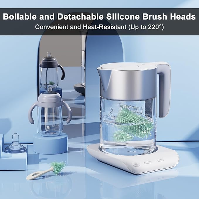 Silicone Bottle Brush Set with Stand, Bottle Cleaning Brush Cleaner Set, Long Handle 3 in 1 Multipurpose Silicone Baby Bottle Straw Cleaner Brush (Sage Green)