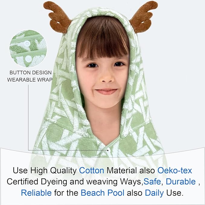 VOOVA & MOVAS Kids Bath Towel with Elk Hood (3-8Years,27.5"X54"), Absorbent Thick Cotton Towel Wrap for Pool | Swim | Bath, Jacquard Forest Elk