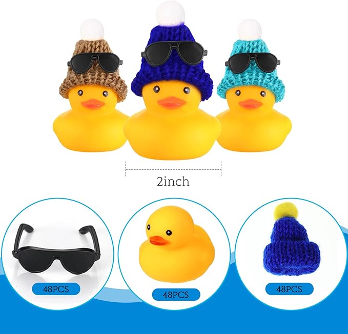 Chivao 48 Pcs Mini Rubber Duck in Bulk with 48 Sunglasses and 48 Knitting Hats Sets, Duck Bath Rubber Ducky Bathtub Toys for Cruise Birthday Baby Shower Bath Pool Party Carnival Game Gift