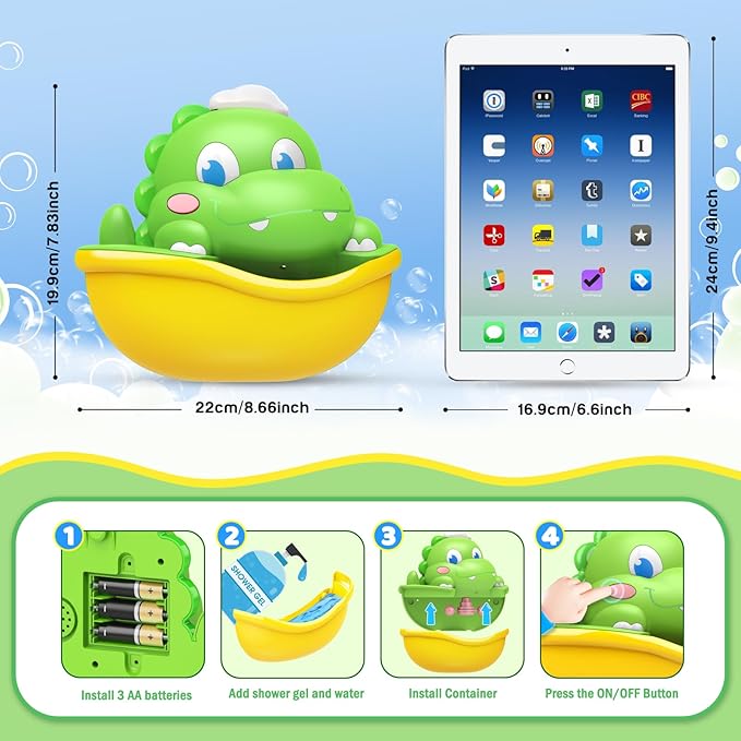 Dinosaur Baby Bath Toys Light Up Bath Bubble Machine with Colourful Light Bathtime Shower Bath Toys for Kids Ages 1-3 4-8 Birthday Gift Easter Basket Stuffers for Toddler Boys Girls