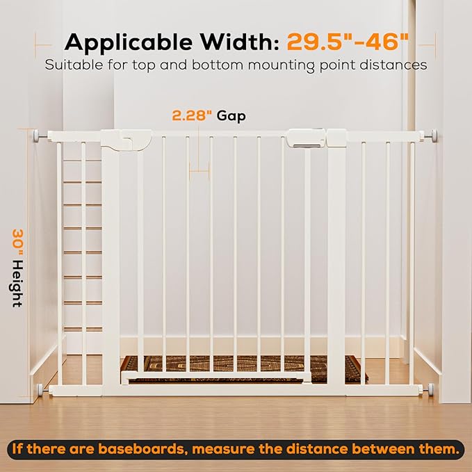 29.5-46" Baby Gate for Stairs, Baby Safety Essentials, Auto Close Gate for Doorways, Easy Install Pressure Mounted Dog Gate Indoor, Pet Gates for Dogs, White (2 Pack)