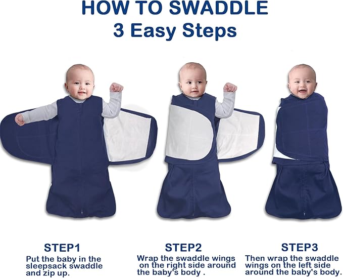Baby Sleep sack Swaddle,Swaddles 3-6 Months,3-Way Adjustable Wearable Transition Blanket 100% Organic Cotton 2-Piece,12-18 lbs,1.0 TOG(Cyan&Navy Blue)