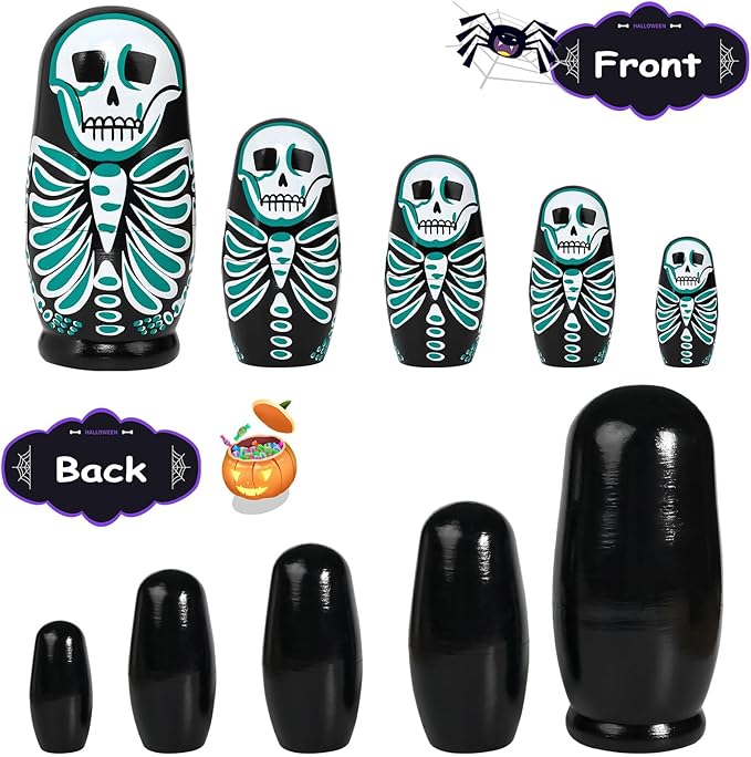 Nesting Skulls, 5 Pcs Handmade Wooden Russian Stacking Dolls, Home Halloween Decoration Gift