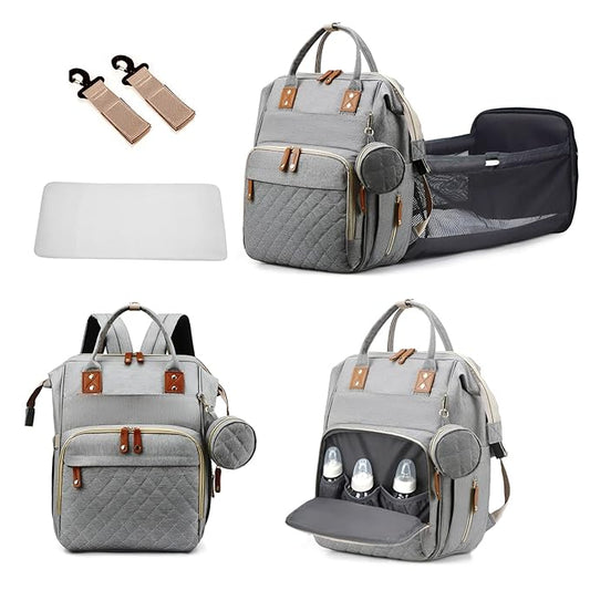 Baby Diaper Bag Backpack with Changing Station Travel Waterproof 3 in 1 Foldable Pad Unisex Grey