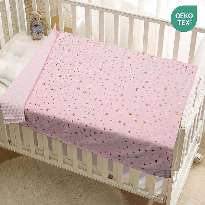 Baby Blanket for Boys Girls Soft Minky with Double Layer Dotted Backing, Star and Moon Printed 30 x 40 Inch Receiving Blanket (Pink)