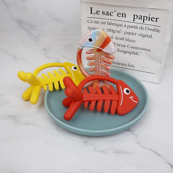 3in1 Infant Toys, Baby Teething Toys 0-3-6-12 Months, Teethers for Babies 3-6 6-12 Months for Teething Relief, Gifts, Silicone, Sensory, Baby Toys 0-6 Months, USA Patent Pending,Rainbow Fish