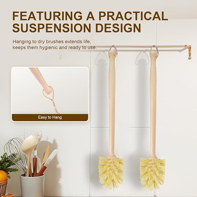 2-Pack Natural Wooden Bottle Brush with Sisal Bristles, Long Handle Bottle Brush Cleaner for Wide Mouth Jars, Water Bottles, Cups, Glasses, Baby Bottles (Non-Scratch)