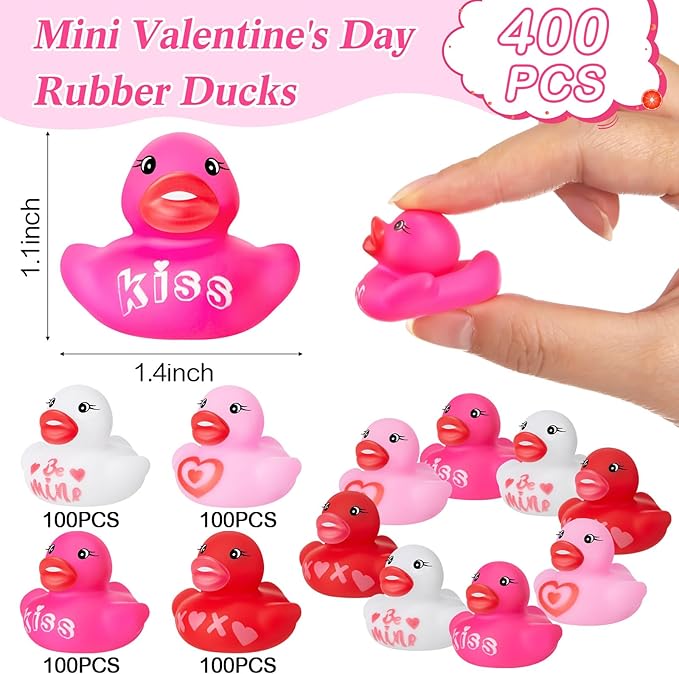 400 Pcs Valentine's Day Rubber Ducks Assorted Mini Rubber Duckies Pool Bath Ducks Toys for Party Favors Classroom Exchange Gifts