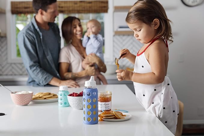 Lifefactory Baby Bottle Starter Set 12-Piece | 4 oz Mint & Lavender, 9 oz Kale & Grape | Includes Flat Caps, Sippy Caps, Stage 3 Nipples