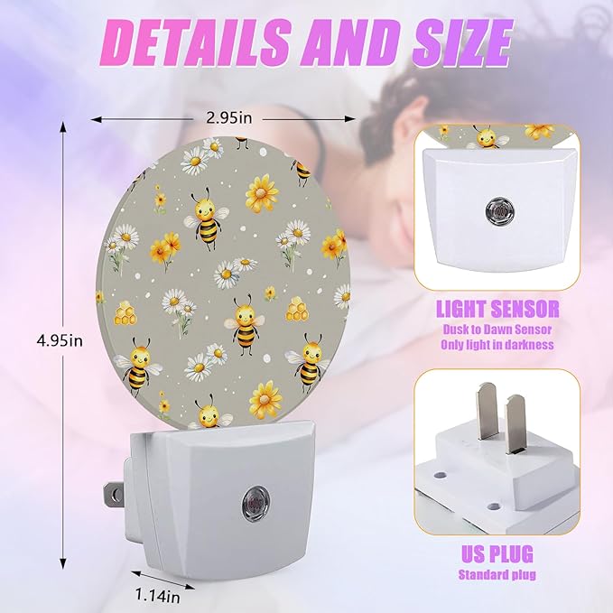 Cute Bee Night Light Daisy Flower Night Lights LED Lamp Round Plug into Wall Nightlight with Dusk to Dawn Sensor Home Hallway Stairway Kitchen Decor